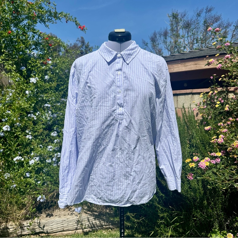 Croft & Barrow Woven Popover Tunic Large Blue/Purple and White Striped Button